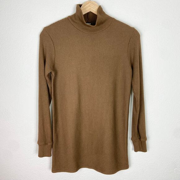 Monrow Mock Turtleneck Tunic Sweater Size S Brown Ribbed Knit Cotton Modal - Picture 2 of 9
